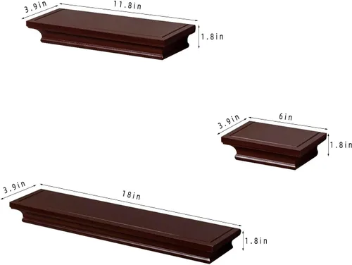 Vista 2 de Juego de 3 estantes flotantes de pared con soporte invisible para repisas de fotos y almacenamiento, organizador de pared de oficina (3, espresso)