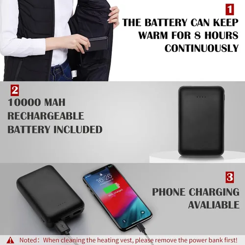 Vista 5 de XINSONYUELL Chaleco térmico para hombres y mujeres con batería incluida, chaleco eléctrico ajustable para invierno