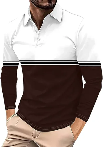 Vista 17 de Camisa polo para hombre, manga larga, cuello abotonado, bloque de color, moda para trabajo y golf