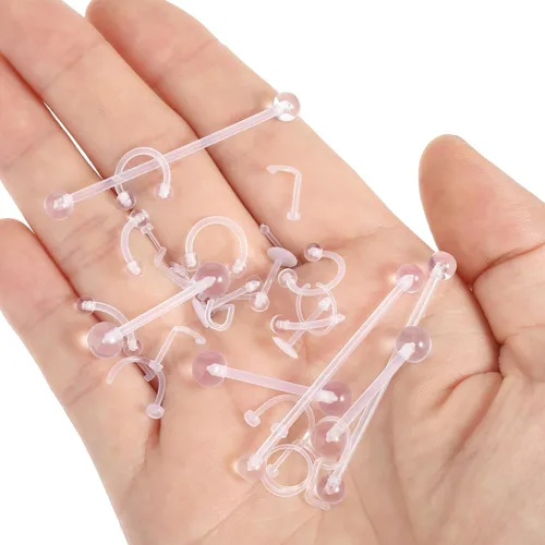 Vista 5 de Juego de 44 piezas de piercings de nariz transparentes, juego de piercings de acrílico para labios, flexible para nariz, lengua, vientre, ceja