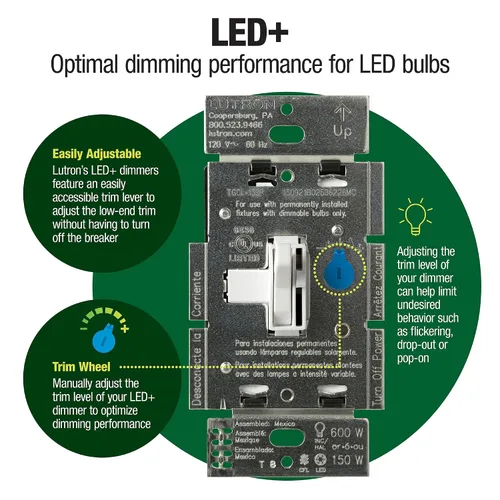 Vista 2 de Lutron Ariadni/Toggler LED+ Interruptor Regulador de Luz para LED Regulable, Halógeno e Incandescente Interruptor Dimmer, 150W, Unipolar/3-Vías