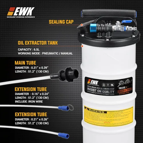 Vista 2 de EWK aspiradora y cambiador de aceite de 6.5 litros neumática/manual, bomba extractora de líquido, removedor de tanque