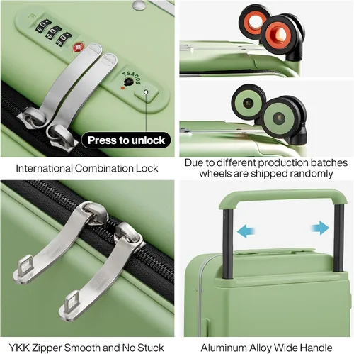 Vista 4 de mixi Maleta de viaje con ruedas de diseño de lujo con asa ancha para equipaje, con marco de aluminio, ruedas giratorias, Verde aguacate