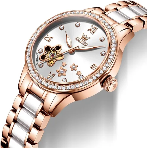 Vista 8 de OLEVS Relojes para mujer, reloj automático de lujo, correa de cerámica, oro rosa, reloj de pulsera para mujer