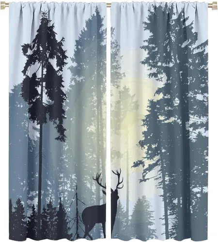 Vista 14 de Cortinas opacas con diseño de ciervos, bosque brumoso, rústico, vida silvestre, alce, montaña, pájaros, pino, bosque, cortinas de ventana
