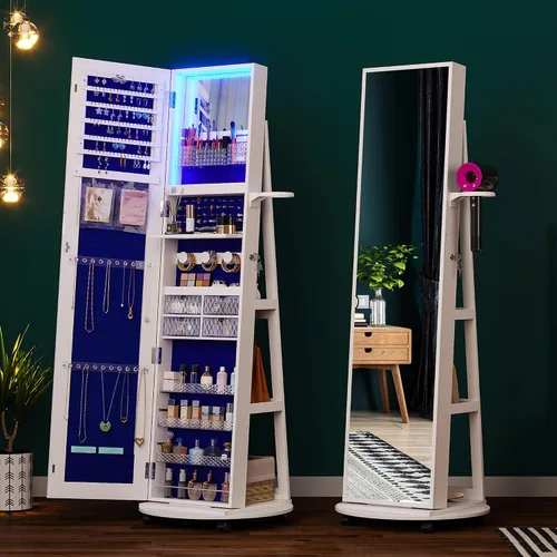 Vista 6 de HNEBC 360 Swivel Jewelry Armoire with Mirror, LED Mirror Jewelry Cabinet Standing, Full Length Mirror with Jewelry Storage, Standing Jewelry