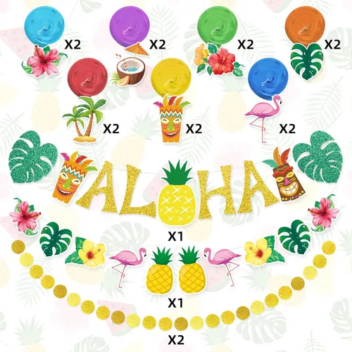 Vista 4 de Pancarta hawaiana preencordada para fiesta, decoración grande de flamenco tiki tropical para fiesta de cumpleaños Luau para fiesta de cumpleaños
