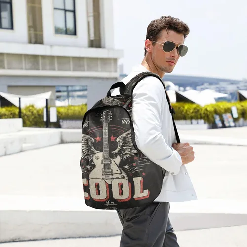 Vista 6 de Mochila de viaje retro de guitarra fresca para hombre, mochila de viaje elegante para llevar en vuelo, aprobada para el vuelo, bolsa para portátil