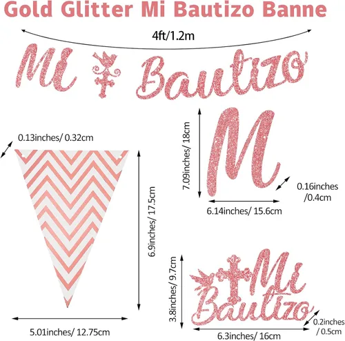 Vista 2 de Mi Bautizo Banner para pastel con purpurina cruzada triangular, pancarta de bautizo rosa, telón de fondo para decoración de primera comunión