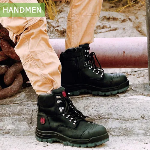 Vista 2 de Botas de trabajo para hombre, puntera compuesta, cremallera YKK, 6 pulgadas, antideslizantes, de seguridad, de cuero de caballo loco, disipación