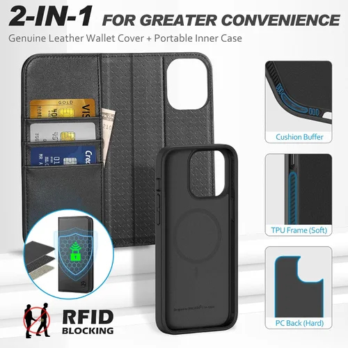 Vista 6 de SHIELDON Funda para iPhone 15 2023, funda de piel auténtica desmontable tipo cartera con función atril, bloqueo RFID, ranuras para tarjetas