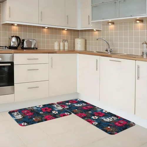Vista 2 de Antifatigue Kitchen Mats for Floor 2 Piece - Tropical Retro Robots Print Kitchen Rugs Non Slip Washable, Runner Rug Standing Mat for
