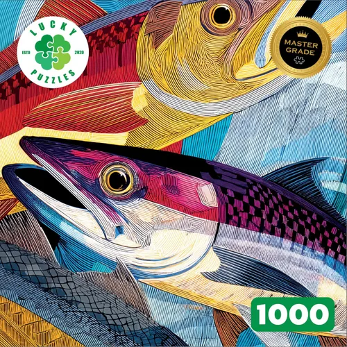 Vista 5 de Lucky Puzzles - Rompecabezas de 1000 piezas para adultos Rompecabezas de arte de sardina de Linocut audaz Teaser único con temática de peces