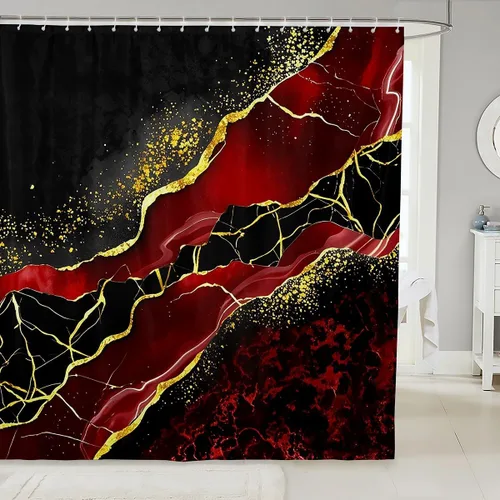 Vista 34 de Erosebridal Cortina de ducha de mármol negro, 72 pulgadas de ancho x 72 pulgadas de largo, juego de baño con grietas doradas, tela de textura