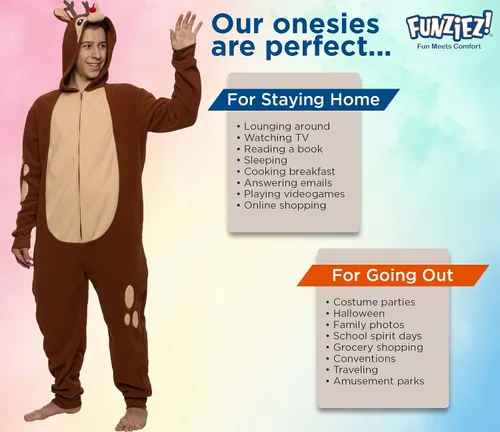 Vista 5 de Slim Christmas Adult Onesie - Fun Holiday Costume - Santa Clause and Reindeer One Piece for Adults, Women and Men FUNZIEZ!