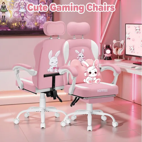 Vista 3 de Silla de juegos rosa para niñas y niños, sillas de computadora de masaje con lindo conejito Cute Silla Gamer 135° Reclining Game Cahir with