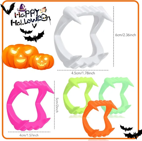 Vista 2 de Boao 60 piezas de dientes de vampiro de Halloween a granel, colmillos de vampiro de plástico, dientes falsos de color brillante, accesorios