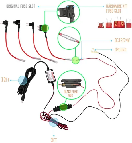 Vista 2 de Kit de cableado rígido de 15 pies con micro USB y mini USB para cámara de tablero y tipo C con fusible Mini(ACS)/LP Mini(ACN)/ATO(ATC