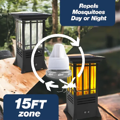 Vista 6 de PIC Repelente solar de mosquitos de mesa con efecto de llama, fórmula de aceite esencial, se activa automáticamente al anochecer, cobertura de 15