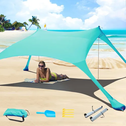 Vista 11 de Tienda de campaña de playa de 77 pies con protección UV UPF50+, toldo al aire libre con 2 postes para camping, pesca, patio trasero y pícnics