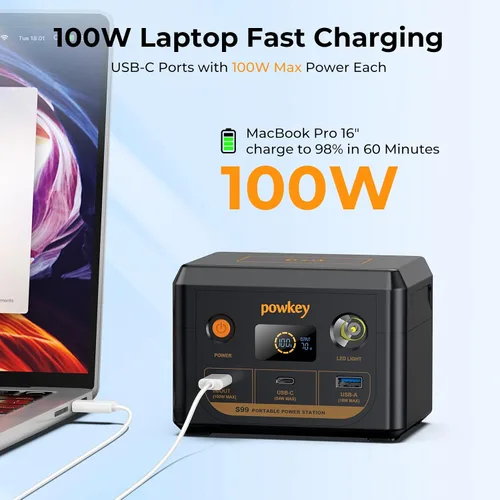 Vista 3 de powkey Estación de energía para portátil 30000mAh 100W Cargador portátil PD 3.0 Carga rápida 96Wh LiFePO4 Banco de energía con cable USB-C, batería