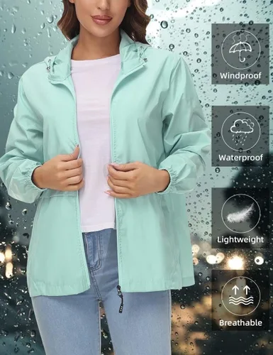 Vista 3 de Avoogue Chaqueta impermeable para mujer, ligera, plegable, con capucha, rompevientos para exteriores