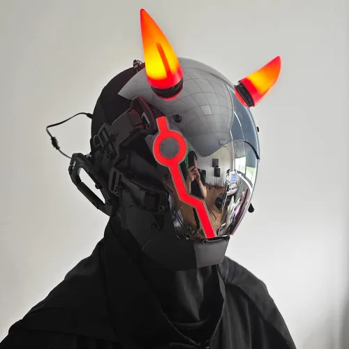Vista 5 de KYEDAY Máscara punk para hombre, máscara de cuerno de buey LED, tecnología punk futurista, cosplay, Halloween, accesorios para fiestas y festivales