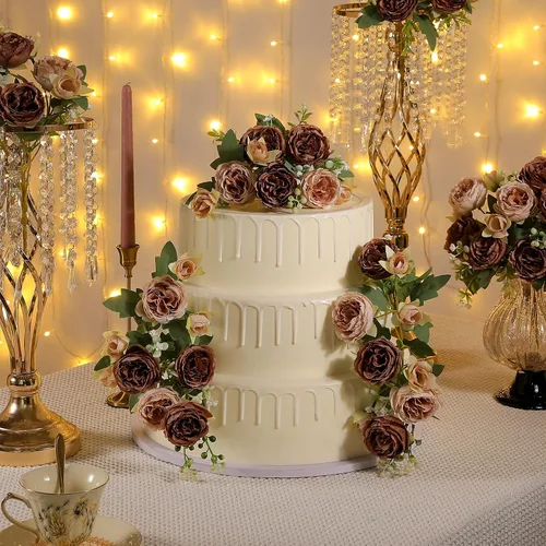 Vista 5 de 2 racimos de flores artificiales de peonía beige, ramo de peonías de seda para bodas, fiestas, centros de mesa, arreglos florales, decoración