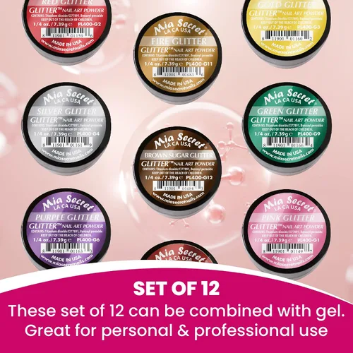 Vista 7 de Mia Secret Colección de polvos acrílicos GLITTER (12 piezas) Colección de polvos para arte de uñas con 12 colores únicos, fabricado en Estados Unidos