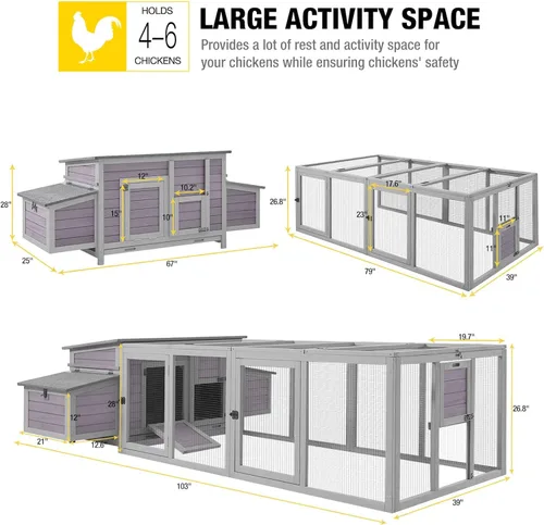 Vista 6 de Aivituvin Gallinero para 4-6 pollos/patos, gallinero de madera para exteriores, jaula grande para gallineros con dos cajas anidables (gris, AIR45)