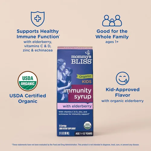 Vista 4 de Mommy's Bliss Jarabe de saúco orgánico y refuerzo de inmunidad con vitaminas, prebióticos y equinácea para niños y adultos de 1 año o más, 3 onzas