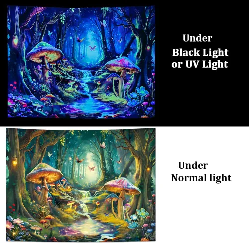 Vista 5 de Tapiz de Hongos con Luz Negra Reactivo a UV, Tapiz de Paisaje de Bosque Brumoso, Fantasía de Hadas en País de las Maravillas con Mariposas
