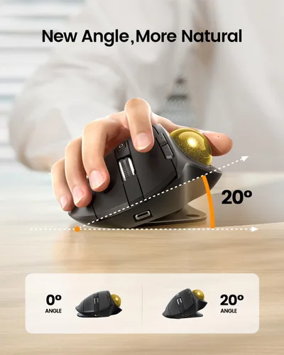 Vista 2 de ProtoArc EM01 NL - Ratón de Trackball inalámbrico, ergonómico Bluetooth Rollerball Pulgar, recargable, para computadora portátil, ángulo ajustable