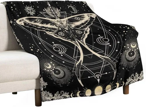 Vista 35 de Manta gótica de franela de polilla abstracta, mágica, bohemia, mariposa, esqueleto, luna, estrellas, manta estética para hombres, mujeres, niñas