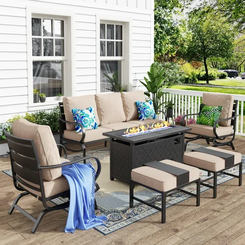 Vista 50 de MFSTUDIO Juego de 4 piezas de conversación para patio, marco de metal para todo tipo de clima, muebles de exterior con 1 mesa rectangular de propano