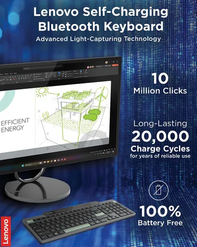 Vista 2 de Lenovo 800 Teclado Bluetooth Autocargable, Utiliza Luz Ambiental para la Carga, Bluetooth 5.1, Soporta 3 Dispositivos, Sin Batería, Inalámbrico, Gris