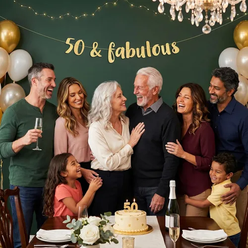 Vista 7 de Cartel de 50 y fabuloso con purpurina dorada preencordada, divertidas decoraciones de cumpleaños 50 y aniversario para hombres y mujeres, Dorado