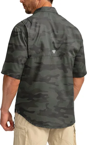 Vista 3 de Camisas de pesca para hombre con bolsillos con cremallera, UPF 50+, ligeras, frescas, de manga corta, con botones, para hombre, casual, senderismo