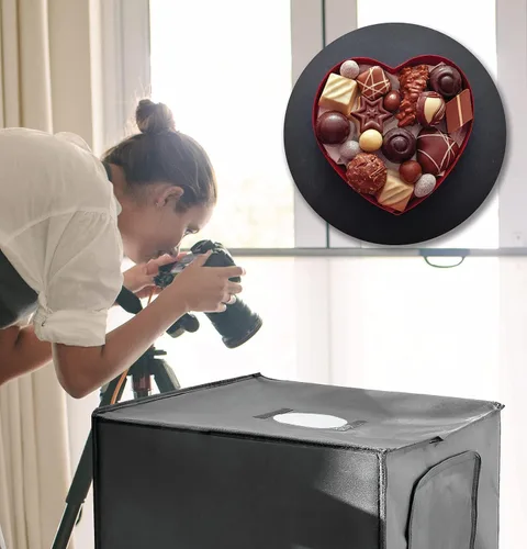 Vista 9 de Bower Caja de luz portátil de estudio de 24 pulgadas para teléfonos inteligentes, réflex digitales y cámaras compactas, diseño plegable