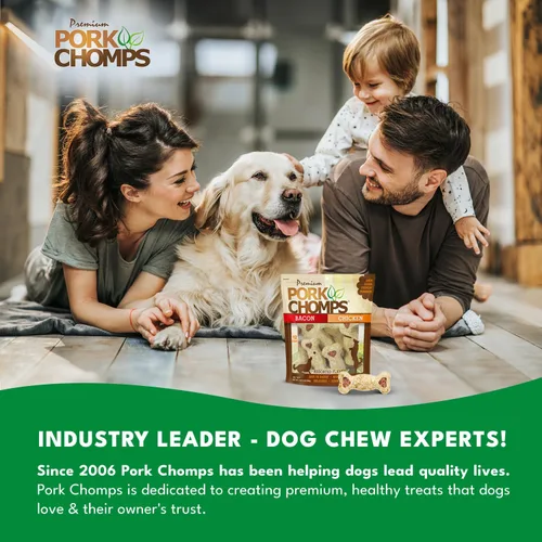 Vista 6 de Pork Chomps Masticables para perros, huesos crujientes de 4 pulgadas, sabor a tocino y pollo, 12