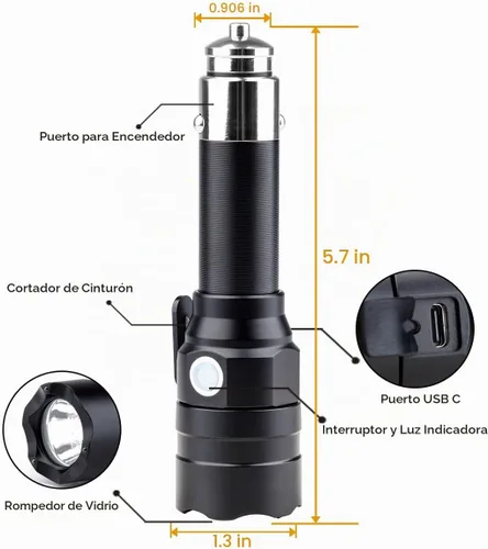 Vista 7 de Linterna pequeña recargable con encendedor de cigarrillos de coche de 12 voltios y USB C para vehículos de emergencia, herramienta de escape