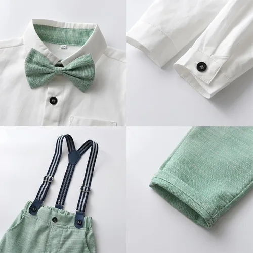 Vista 5 de IDOPIP Toddler Kids Baby Boys Formal Suit Gentleman White Shirt with Bowtie + Suspender Shorts Pants Overalls Clothes 6M-5T