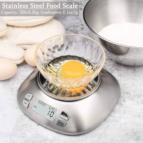 Vista 2 de Báscula digital de cocina con cuenco extraíble de 2.5 L, báscula electrónica de alimentos de acero inoxidable para cocinar hornear, temperatura