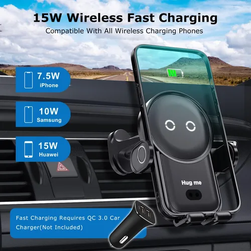 Vista 2 de Cargador inalámbrico para automóvil, 15 W, carga rápida, soporte para teléfono celular, con sujeción automática, compatible con iPhone 14 Series/14