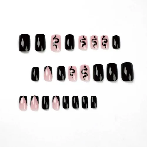 Vista 2 de Uñas acrílicas cuadradas medianas a presión, uñas acrílicas nude y negras para mujeres con diseño de serpiente, juego de 24