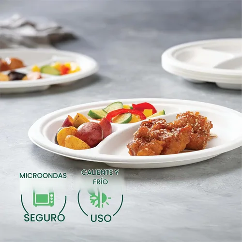 Vista 3 de Platos de papel desechables 100% compostables, 3 compartimentos [10 pulgadas] [paquete de 125] bandejas seccionales para almuerzo + divisores