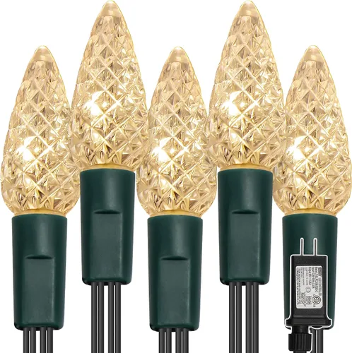 Vista 12 de WATERGLIDE Luces de Navidad C6, 100 luces LED de 33 pies, guirnalda de luces facetadas de alambre verde con adaptador seguro, 8 modos