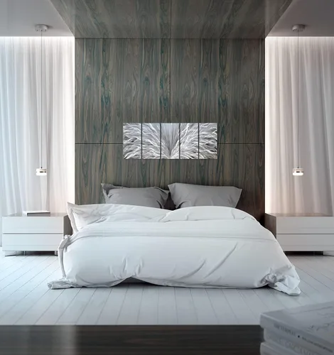 Vista 9 de SYGALLERIER Arte de pared de metal plateado hecho a mano, enorme obra de arte abstracta 3D de aluminio, escultura moderna, imágenes metálicas