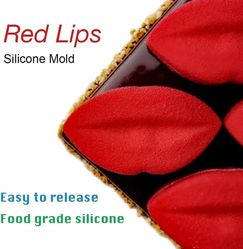 Vista 4 de Molde para hornear labios rojos en 3D con 6 cavidades, con estampado de labios, besos de silicona, para chocolate, caramelo, mousse, molde