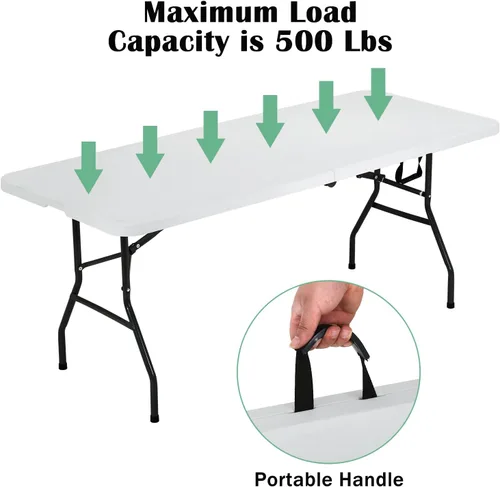 Vista 7 de Mesa plegable portátil de 6 pies plegable por la mitad con asa, soporta hasta 500 libras, mesa de comedor para interiores y exteriores para fiestas